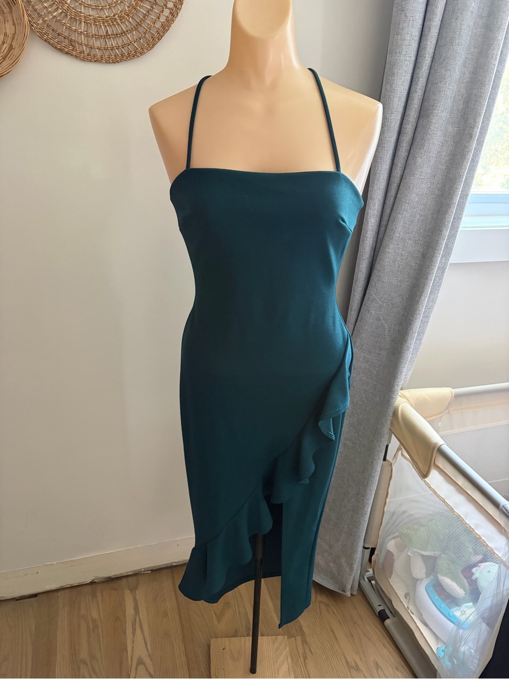 Windsor Teal Asymmetrical Ruffle Halter Dress